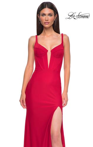 Picture of: Corset Jersey Prom Dress with Deep V Neckline in Red , Style 32763, Detail Picture 11