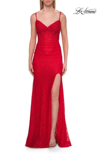 Picture of: Lace Fitted Gown with Sheer Corset Back and High Slit in Red, Style: 33305, Detail Picture 11