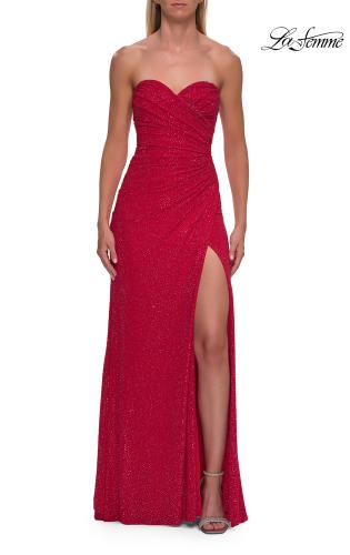 Picture of: Strapless Fitted Rhinestone Gown with Slit and Lace-Up Back in Red, Style: 33383, Detail Picture 11