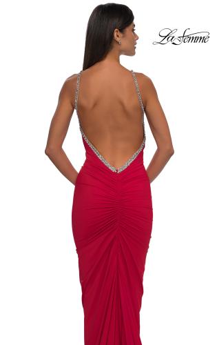 Picture of: Ruched Long Prom Dress with Low Back and Rhinestone Details in Red , Style: 32970, Detail Picture 12