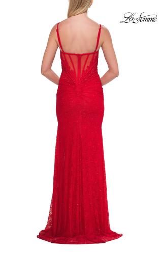 Picture of: Lace Fitted Gown with Sheer Corset Back and High Slit in Red, Style: 33305, Detail Picture 12