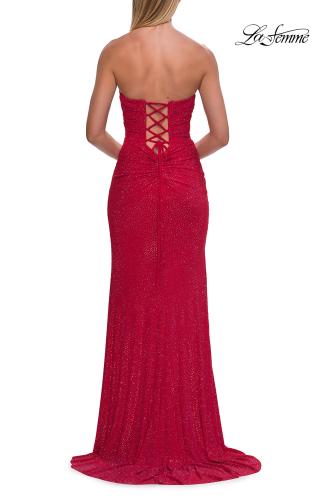 Picture of: Strapless Fitted Rhinestone Gown with Slit and Lace-Up Back in Red, Style: 33383, Detail Picture 12