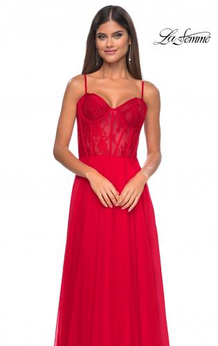 Picture of: Chiffon and Lace Gown with Bustier Top in Red, Style: 32276, Detail Picture 13