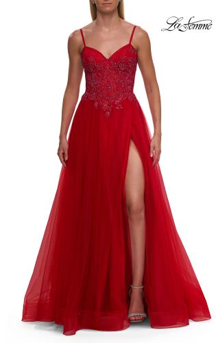 Picture of: Lace Corset Tulle Gown with High Slit and A-Line Skirt in Red, Style: 33436, Detail Picture 13