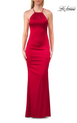 Picture of: Halter Satin Fitted Gown with Open Back in Red, Style: 33732, Detail Picture 13