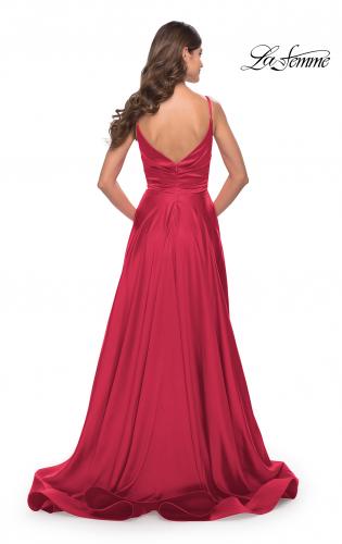 Picture of: Long Satin Dress with Side Slit and V Shaped Back in Red, Style: 28607, Style: 28607