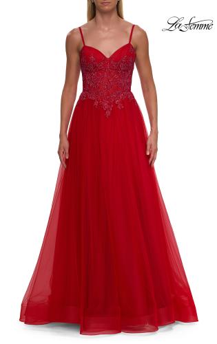 Picture of: Lace Corset Tulle Gown with High Slit and A-Line Skirt in Red, Style: 33436, Detail Picture 14