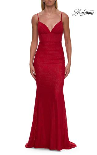 Picture of: Lace Fitted Gown with Ruched Bodice and Sheer Back in Red, Style: 33443, Detail Picture 14