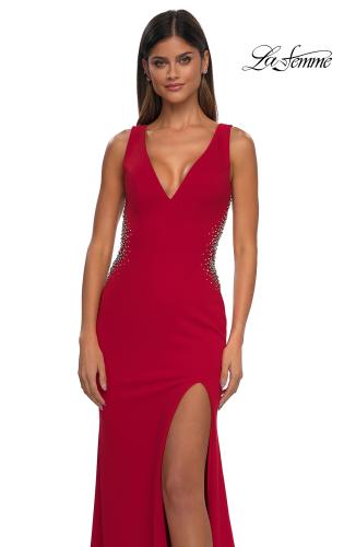 Picture of: Open Back Evening Dress with Rhinestone Embellished Sides and Back in Red, Style: 32922, Detail Picture 15