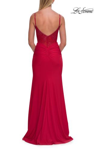 Picture of: Lace Bodice Fitted Gown with Slit and Open Back in Red, Style: 33395, Detail Picture 15