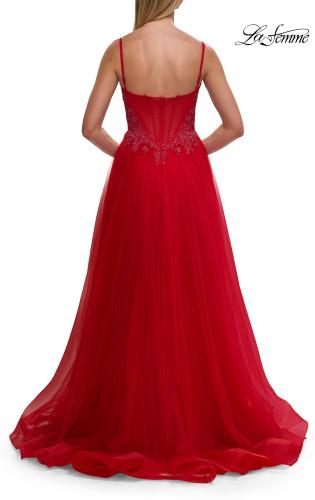 Picture of: Lace Corset Tulle Gown with High Slit and A-Line Skirt in Red, Style: 33436, Detail Picture 15