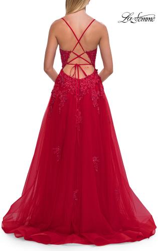 Picture of: Floral Beaded Tulle Gown with Slit and Lace-Up Back in Red, Style: 33716, Detail Picture 15