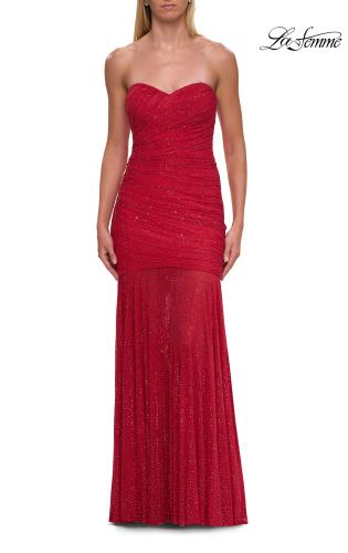 Picture of: Strapless Ruched Rhinestone Gown with Sheer Skirt in Red, Style: 33725, Detail Picture 15
