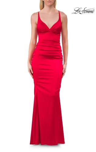 Picture of: Satin Fitted Gown with Strappy Open Back in Red, Style: 33611, Detail Picture 16