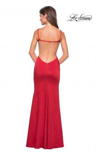 Picture of: Sultry Form Fitting Stretch Satin Dress with Leg Slit in Red, Style: 27617, Back Picture
