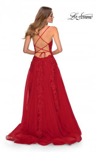 Picture of: A-line Prom Dress with Cascading Lace Detail in Red, Style: 28503, Back Picture
