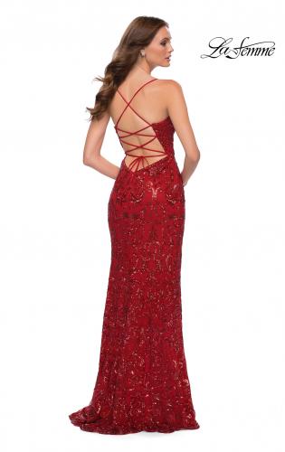 Picture of: Print Sequin Long Dress with Lace Up Back in Red, Style 29638, Back Picture