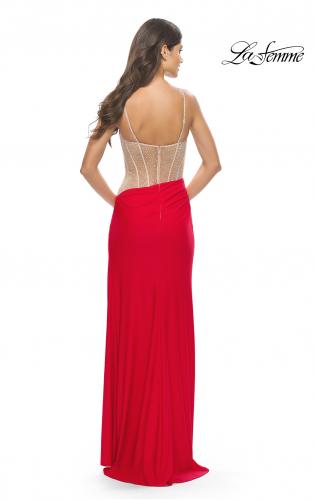 Picture of: Prom Dress with Rhinestone Sheer Bodice and Asymmetrical Skirt in Red, Style: 31537, Back Picture