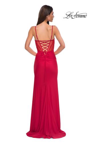 Picture of: Jersey Prom Dress with Unique Ruched Waist and Lace Up Back in Red , Style 32977, Back Picture