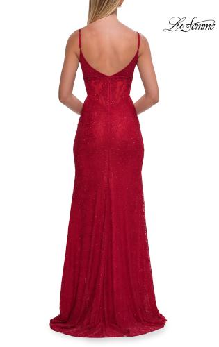 Picture of: Rhinestone Lace Gown with Sheer Bodice and Side Slit in Red, Style: 33442, Detail Picture 18