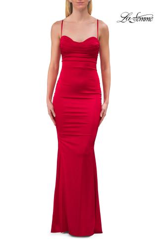 Picture of: Ruched Satin Gown with Sweetheart Neckline and Lace-Up Back in Red, Style: 33764, Detail Picture 19