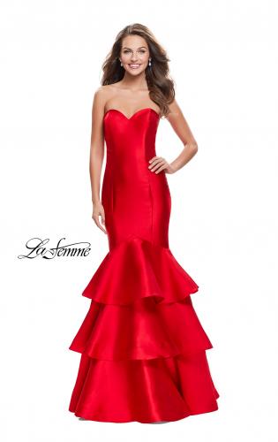 Picture of: Long Mikado Mermaid Gown with Tiered Ruffle Skirt in Red, Style: 25432, Detail Picture 1