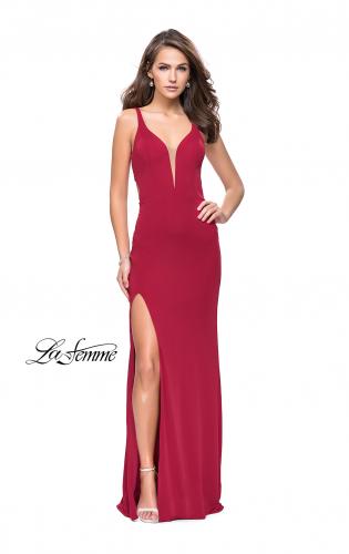 Picture of: Long Jersey Prom Dress with Lace Up Strappy Open Back in Red, Style: 25504, Detail Picture 1
