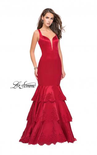 Picture of: Satin Prom Dress with Laser Cut Detail and Tulle Skirt in Red, Style: 25749, Detail Picture 1