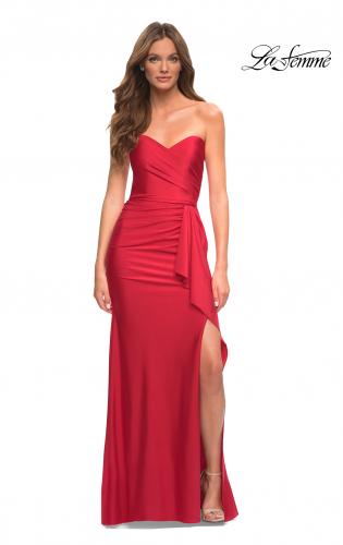 Picture of: Strapless Evening Dress with Ruffle on Slit in Red, Style: 30515, Detail Picture 1