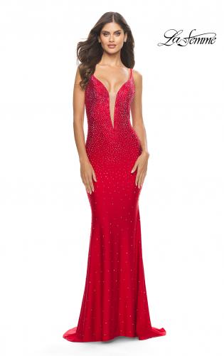 Picture of: Bedazzled Rhinestone Jersey Gown with Deep V Neckline in Red, Style: 31215, Detail Picture 1