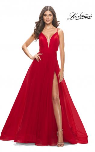 Picture of: Tulle Ball Gown with Side Cut Outs and High Slit in Red, Style: 31347, Detail Picture 1