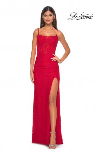 Picture of: Stretch Lace Gown with Boning Detail and Lace Up Back in Red, Style: 32237, Detail Picture 1