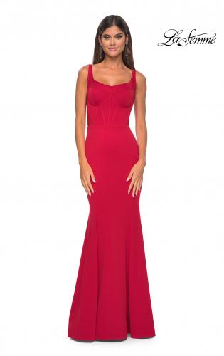 Picture of: Mermaid Jersey Gown with Bustier Top and Lace Up Back in Red, Style: 32268, Detail Picture 1