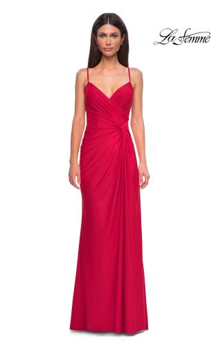 Picture of: Jersey Prom Dress with Unique Ruched Waist and Lace Up Back in Red , Style 32977, Detail Picture 1