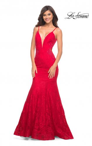 Picture of: Long Mermaid Lace Dress with Back Rhinestone Detail in Red, Style: 28355, Detail Picture 28
