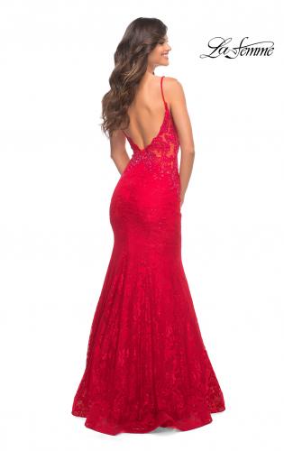 Picture of: Long Mermaid Lace Dress with Back Rhinestone Detail in Red, Style: 28355, Detail Picture 29