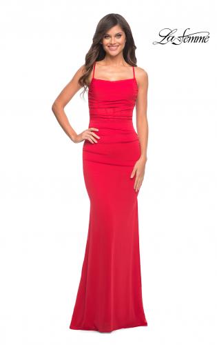 Picture of: Ruched Net Jersey Gown with Square Neckline in Red, Style: 30493, Detail Picture 2