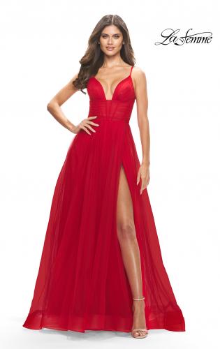 Picture of: A-Line Tulle Gown with Illusion Bodice and Boning in Red, Style: 31147, Detail Picture 2