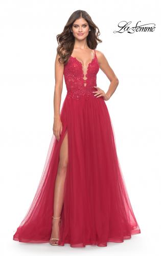 Picture of: A Line Tulle Gown with Lace Bodice and V Back in Red, Style: 31507, Detail Picture 2