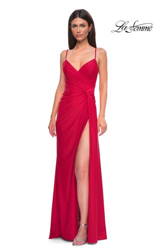 Picture of: Jersey Prom Dress with Unique Ruched Waist and Lace Up Back in Red , Style 32977, Detail Picture 2
