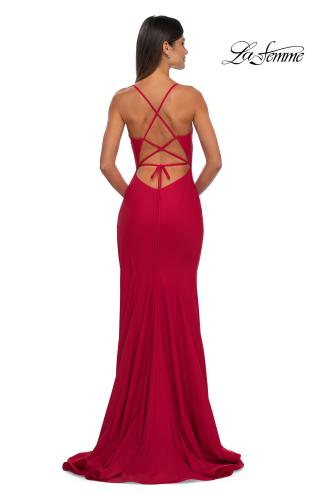 Picture of: Fitted Jersey Prom Dress with High Side Slit in Red , Style: 33080, Detail Picture 2