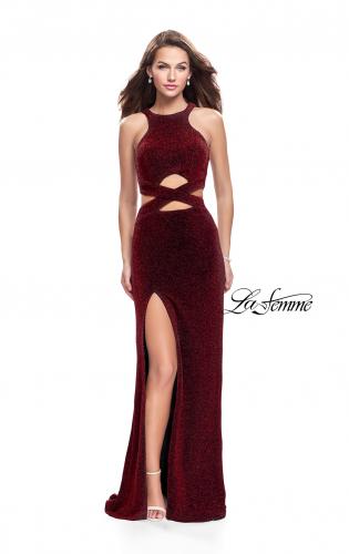 Picture of: Long Jersey Prom Dress with Cut Outs and Low Scoop Back in Red, Style: 25422, Detail Picture 3