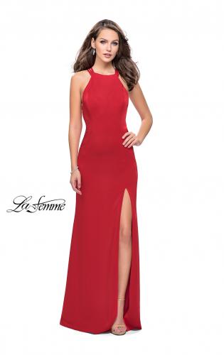 Picture of: Long Satin Halter Prom Dress with Criss Cross Back in Red, Style: 25439, Detail Picture 3