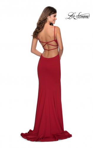 Picture of: Long Jersey Prom Dress with Cut Out Open Back in Red, Style: 28567, Detail Picture 3