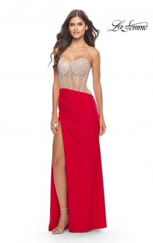 Picture of: Prom Dress with Rhinestone Sheer Bodice and Asymmetrical Skirt in Red, Style: 31537, Detail Picture 3