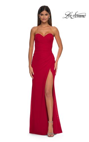 Picture of: Simple Net Prom Dress with High Slit and Flattering Ruching in Red, Style: 33018, Detail Picture 3