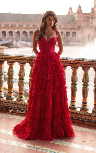 Picture of: Tiered Lace A-Line Gown with Corset Bodice and Slit in Red, Style: 33525, Detail Picture 3
