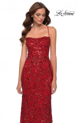 Picture of: Print Sequin Long Dress with Lace Up Back in Red, Style 29638, Detail Picture 4