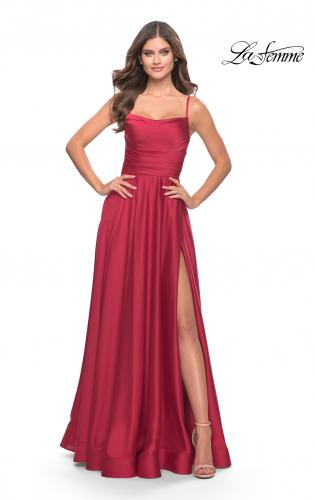 Picture of: A Line Satin Gown with Ruching and Square Neckline in Red, Style: 31105, Detail Picture 4
