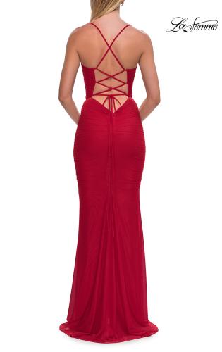 Picture of: Ruched Net Jersey Gown with Lace-Up Back and Drop Waist in Red, Style: 33638, Detail Picture 4